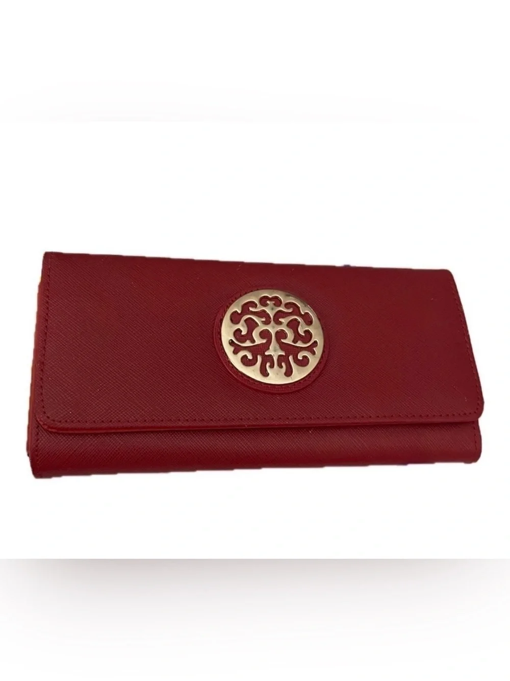 Red Saffiano Vegan Leather Style Continental Wallet Gold Medallion Snap Closure
